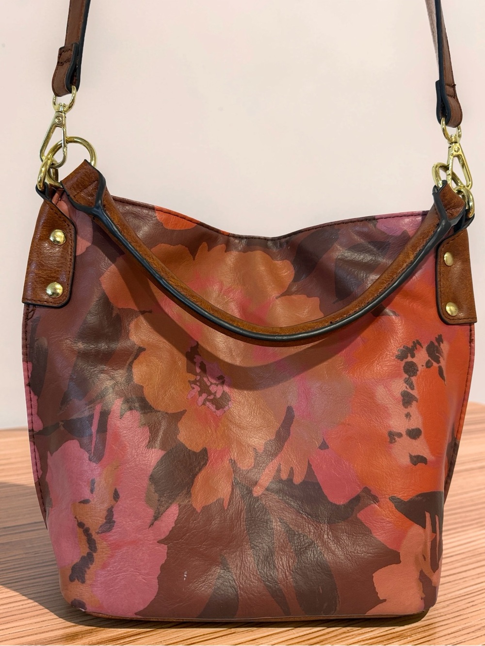 The Pioneer Woman Floral Bucket Crossbody Handbag Vegan Leather Mauve/Brown Rose
